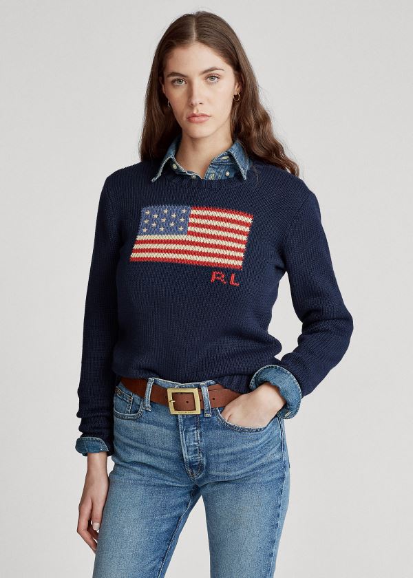 Polo Ralph Lauren Flag Cotton Crewneck Striktrøje Dame Danmark (YETQW3106)